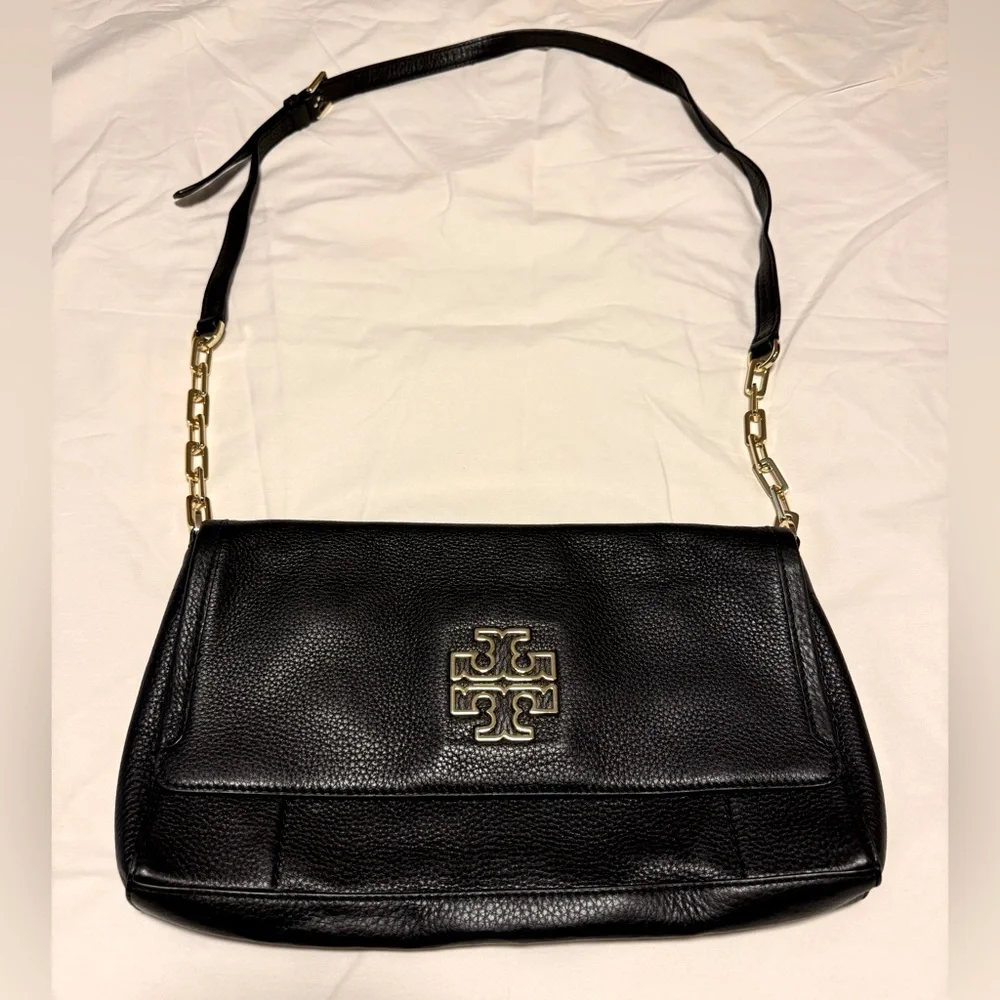 Tory Burch Britten Fold Over Messenger Black Leather Crossbody Purse - Picture 6 of 16